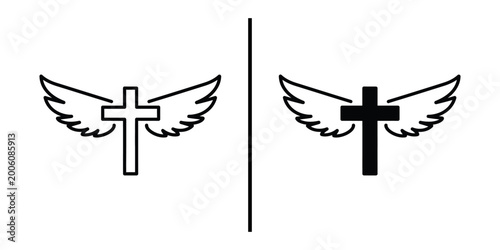 Foto Christian Cross with Angel Wings Icon Set Minimalist Outline and Silhouette Vect