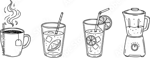 Fotografie Hand-drawn line art set of beverages and kitchen appliance