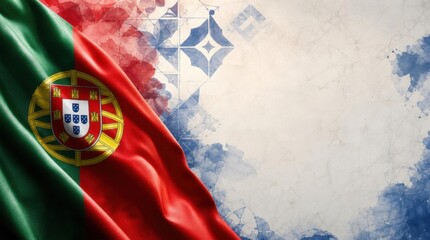 Portuguese flag waving with watercolor splash and traditional tile pattern background