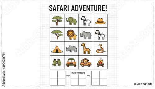 Minimal Safari Icon Grid Paper Clean Kids Worksheet Background Design