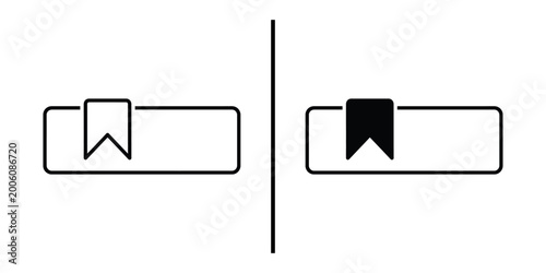 Bookmark ribbon on rectangular label banner icon set outline and solid silhouette vector illustrations of reading tag or saved website page menu concept isolated on white background