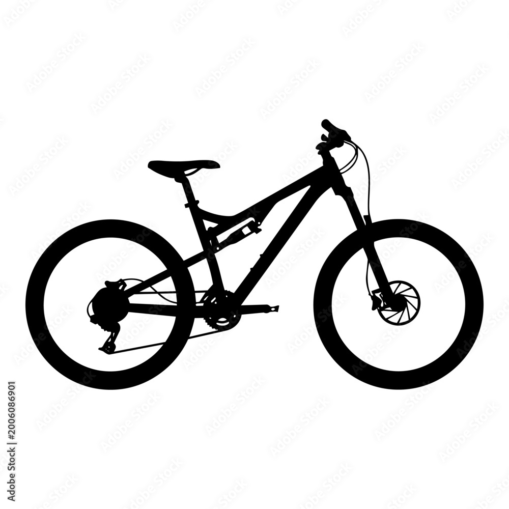 Fototapeta premium Silhouette of a full suspension mountain bicycle against a white background