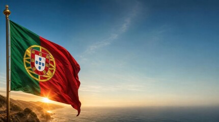 Portugal flag waving with ocean and sunset in the background during golden hour
