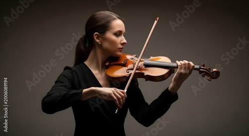Woman playing the violin with passion.