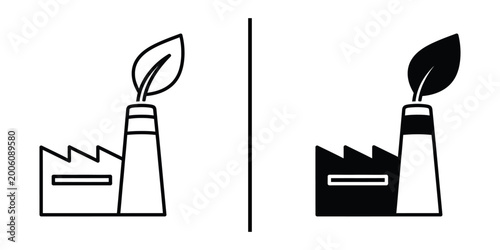 Canvastavla Green eco factory with single leaf coming out of chimney icon set outline and so
