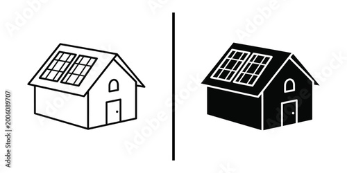 Eco friendly house with solar panels on roof icon set outline and solid silhouette vector illustrations of smart green home isolated on white background