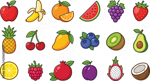 Colorful fruit icon collection with apple banana orange watermelon grape strawberry pineapple kiwi mango and tropical fresh vector illustration set