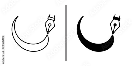 Foto Crescent moon with fountain pen nib icon set, creative vector curve line and sol