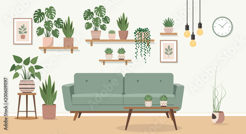 Living room with plants on shelves and a couch
