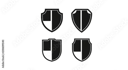 Four distinct black heraldic shield silhouettes arranged on a plain white background, ideal for creating logos, crests, and security icons, armor, minimalist, sign Free Download Four distinct black heraldic shield silhouettes arranged on a plain white background, ideal for creating logos, crests, and security icons, armor, minimalist, sign - GFXLoad