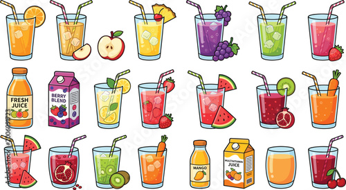Fotografie Fresh fruit juice collection with colorful drinks glasses bottles cartons citrus