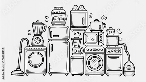 Canvastavla Colorful assortment of cartoon kitchen utensils and appliances arranged in a pyr