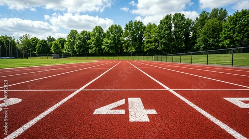 Athletic Running Track Lane Four with Green Trees and Blue Sky on a Sunny Day