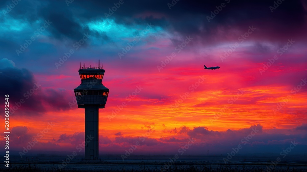 Fototapeta premium Stunning sunset over an airport control tower silhouetted against vibrant clouds with an airplane in the distance creating a dramatic aviation scene