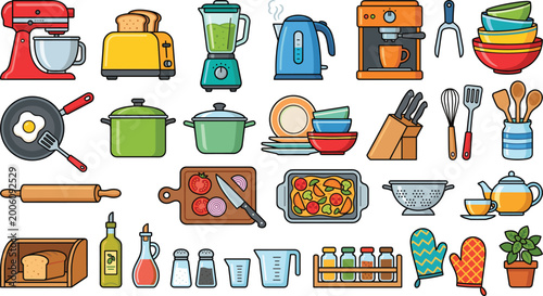 Kitchen utensil and cookware icon set with appliances dishes tools ingredients and cooking equipment colorful vector illustration collection