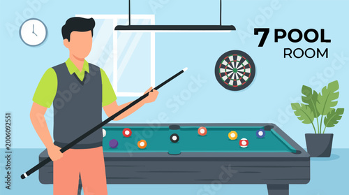 Tableau sur toile Man playing billiards in a modern pool room with cue stick and dartboard