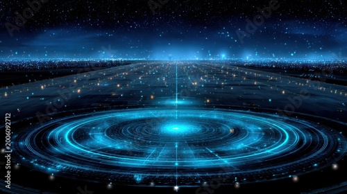Abstract Cosmic Landscape with Circular Patterns and Distant Stars in a Deep Blue Night Sky, Perfect for Science-Fiction and Futuristic Themes