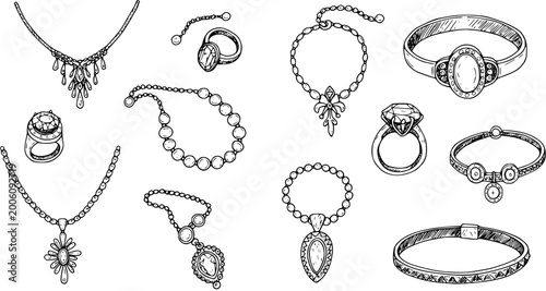 Obraz na plátně Jewelry Collection Sketch: Necklace, Ring, Bracelet Designs
