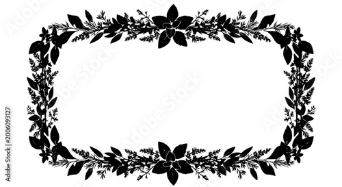 Rectangular black floral silhouette frame with leaves and foliage