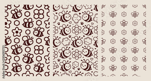 Bild auf Leinwand Honey bee floral pattern set, cute buzzing insect doodle, minimalist garden natu