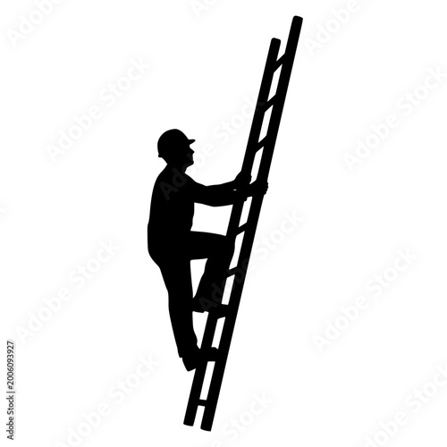 Silhouette of a male worker in a hard hat climbing a ladder