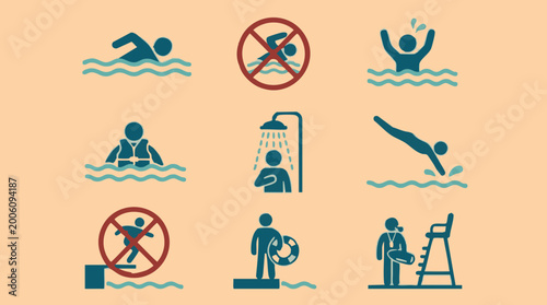 Photos Swimming Pool Safety and Activity Icons Set