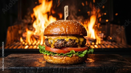 A juicy burger sizzles on a grill beside a roaring fire pit outdoors.