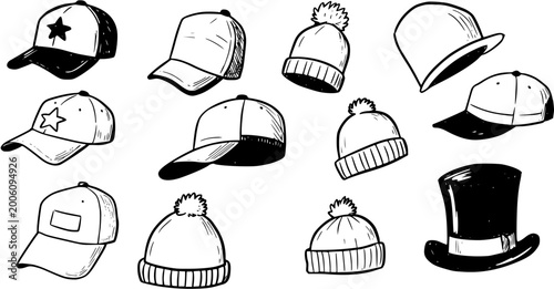 Фотография Hand drawn doodle sketch set of various hats, including baseball caps, beanies, a bowler, and a top hat, in black and white line art style