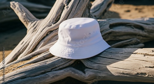 White Cotton Bucket Hat Mockup on Weathered Driftwood at the Beach, Minimalist Summer Fashion Accessory and Sun Protection Apparel