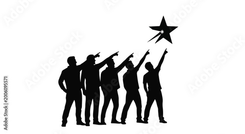 Diverse group reaching for a bright star, symbolizing teamwork and aspiration.