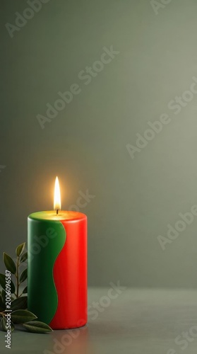 Burning candle in red and green hues resembling Portuguese flag colors with green leaves
