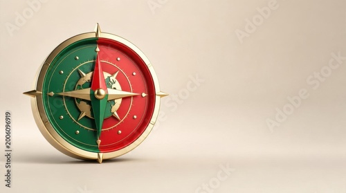 Compass with Portugal flag colors directing north, east, south, west