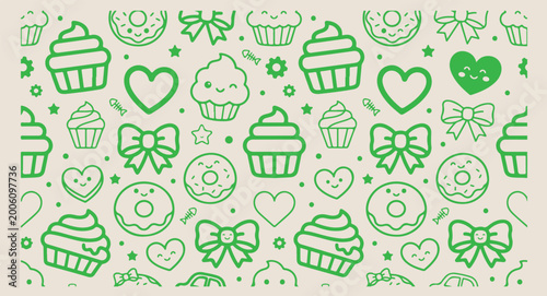 Bild auf Leinwand Minimal hand drawn green cupcake pattern, cute cartoon bakery dessert line illus