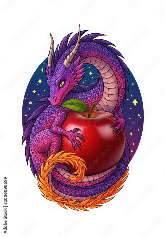 Obraz premium A whimsical purple dragon with a long, orange-tipped tail curled around a large, shiny red apple against a dark blue, starry night sky background, sticker style
