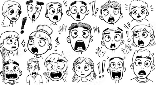 Принти на полотні Hand-drawn collection of shocked and surprised cartoon faces with expressive wide-eyed and open-mouthed reactions, depicting fear, wonder, or sudden realization