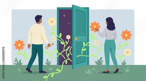Foto Illustration of discovery and opportunity with an open door and floral vines