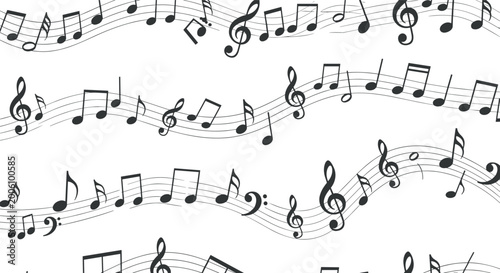 Dynamic pattern of black musical notes and symbols flowing across several wavy staff lines on a clean white background.