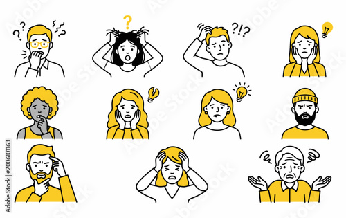 фотографія A collection of diverse people expressing various emotions such as confusion, stress, worry, and sudden ideas, depicted in a minimalist line art style with yellow accents