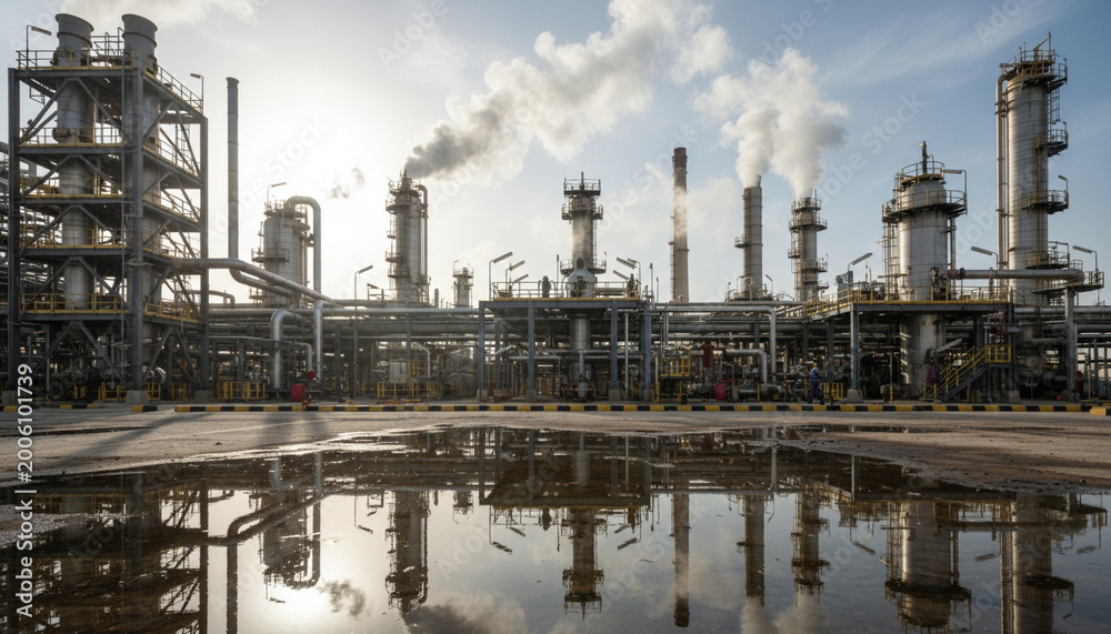Obraz premium Heavy industrial refinery in bahrain with steel structures and steam vents