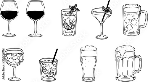 Bilde på lerret Hand-drawn vector line art illustration set of various alcoholic and non-alcoholic drinks: wine glasses, cocktails, beer mugs, and glasses, on a white background