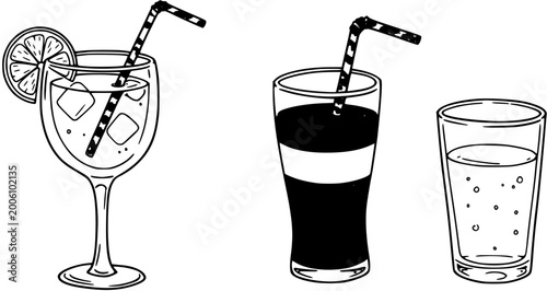 Foto Drinks Collection: Hand-Drawn Line Art of Wine Glass, Soda, and Water