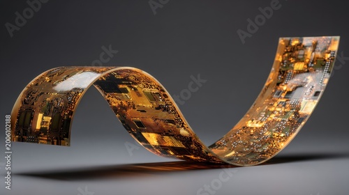 A flexible circuit board curves dramatically in a studio shot