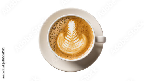 Tableau sur toile Creamy latte art coffee in a white ceramic cup and saucer, isolated on transpare