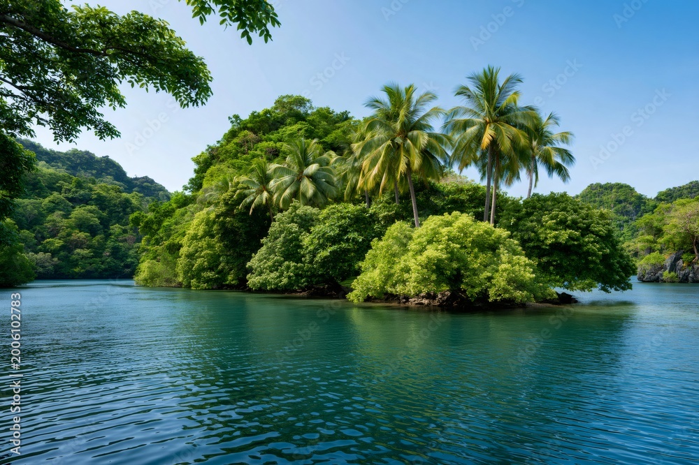 Obraz premium Tropical lagoon with lush islands and palm trees