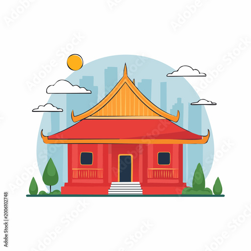 Traditional Asian Temple Building Illustration