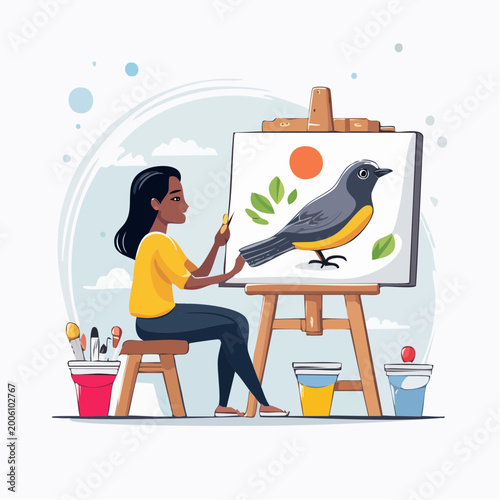Artist painting a bird on canvas