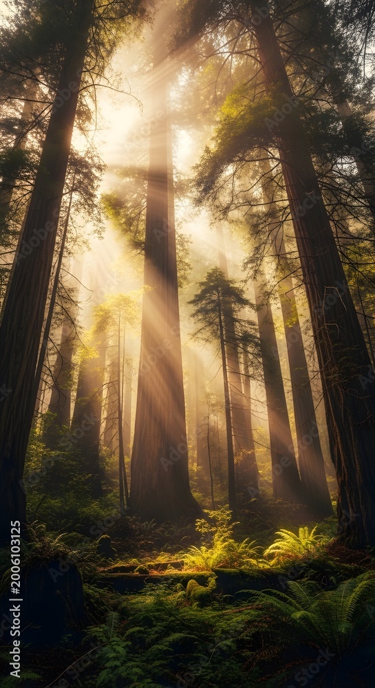 Fototapeta premium Sunbeams Piercing Through Redwood Forest Canopy Illuminating Misty Undergrowth for Wilderness Tranquility Concept