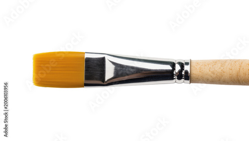 Fotografi Flat yellow paintbrush with silver ferrule and wooden handle, isolated on transp