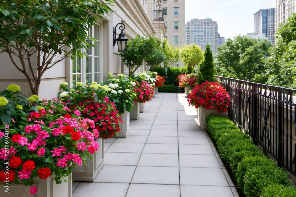 Naklejka premium Urban rooftop garden terrace with colorful flowers