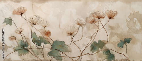 Soft watercolor botanical painting of lotus flowers and leaves on beige cream textured background in muted earth tones creating elegant asian art wall decor